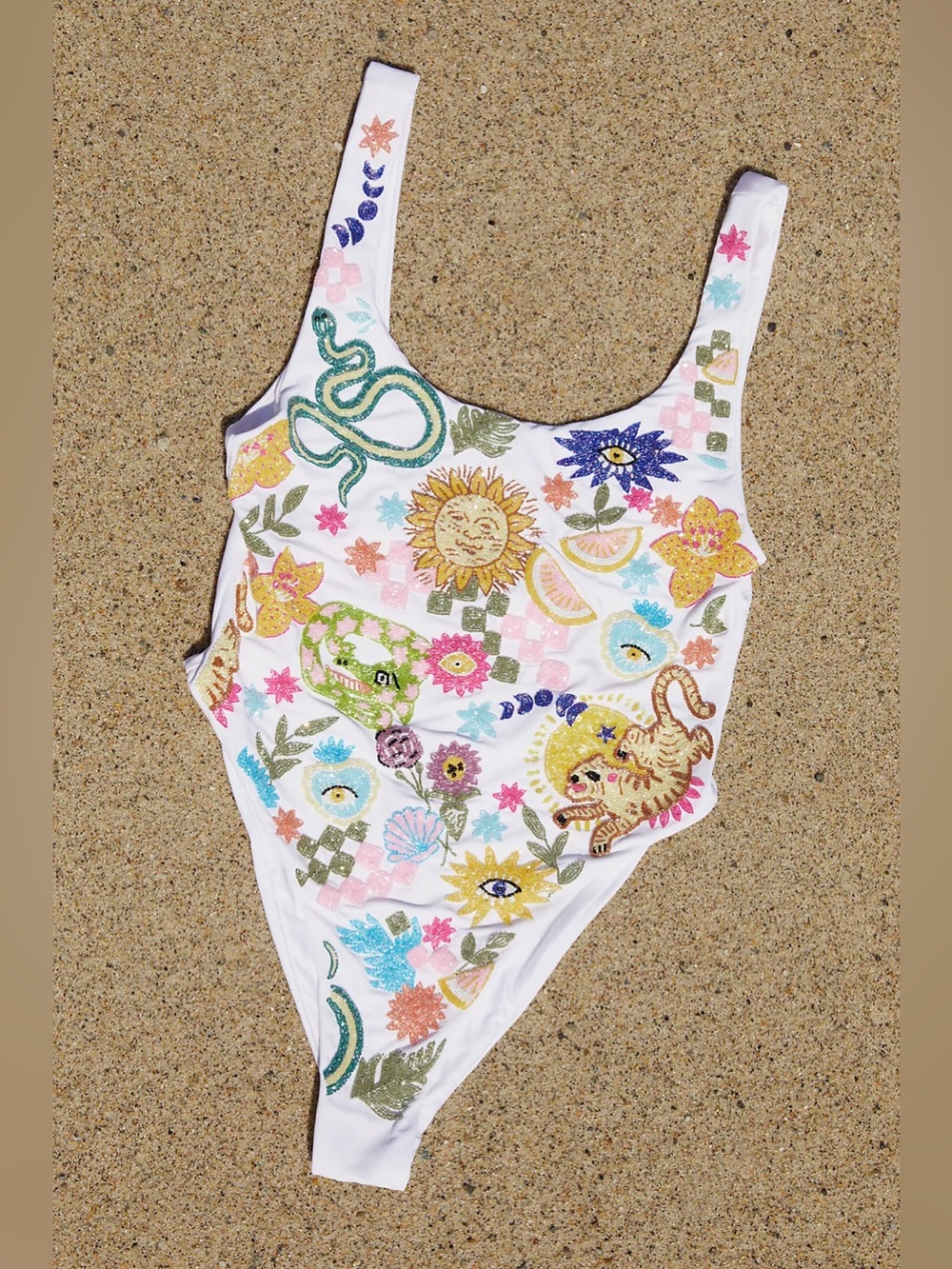 Oceanus Swimwear NWT Medium Sunny Snake Beaded Swimsuit in White - Picture 4 of 12